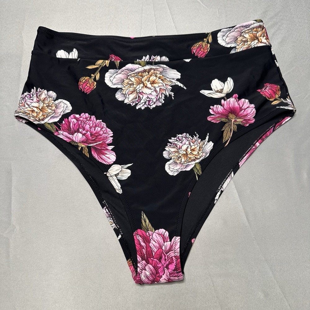 Black XL High Waisted Peony Rose Print Bikini Bottoms Romantic‎ Floral Feminine